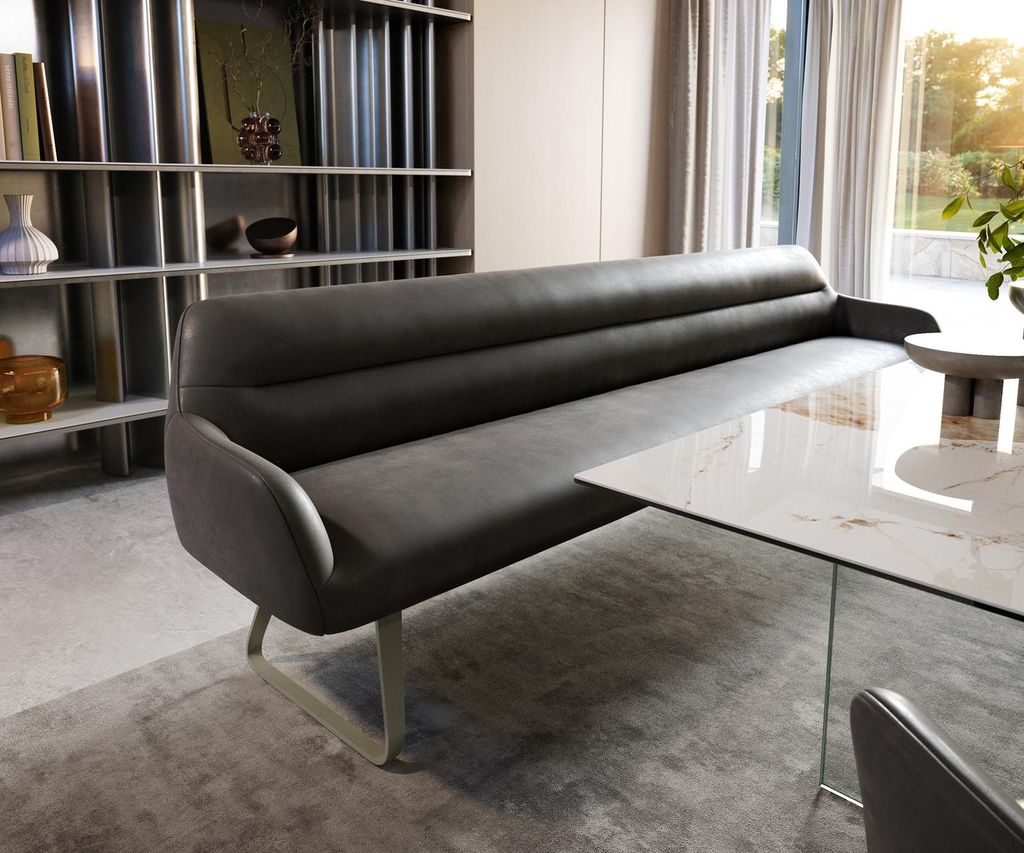 DELIFE Esszimmerbank Taya-Flex 300 cm Mikrofaser Anthrazit Vintage Kufengestell flach Effektfinish Titan Taschenfederkern
