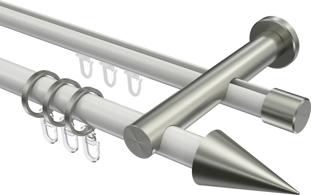 Interdeco Rundrohr-Innenlaufstange / Gardinenstange (Kombination) Weiß / Edelstahl-Optik, Typ Platon Savio (Kegel), 20 mm Ø 2-läufig, 100 cm