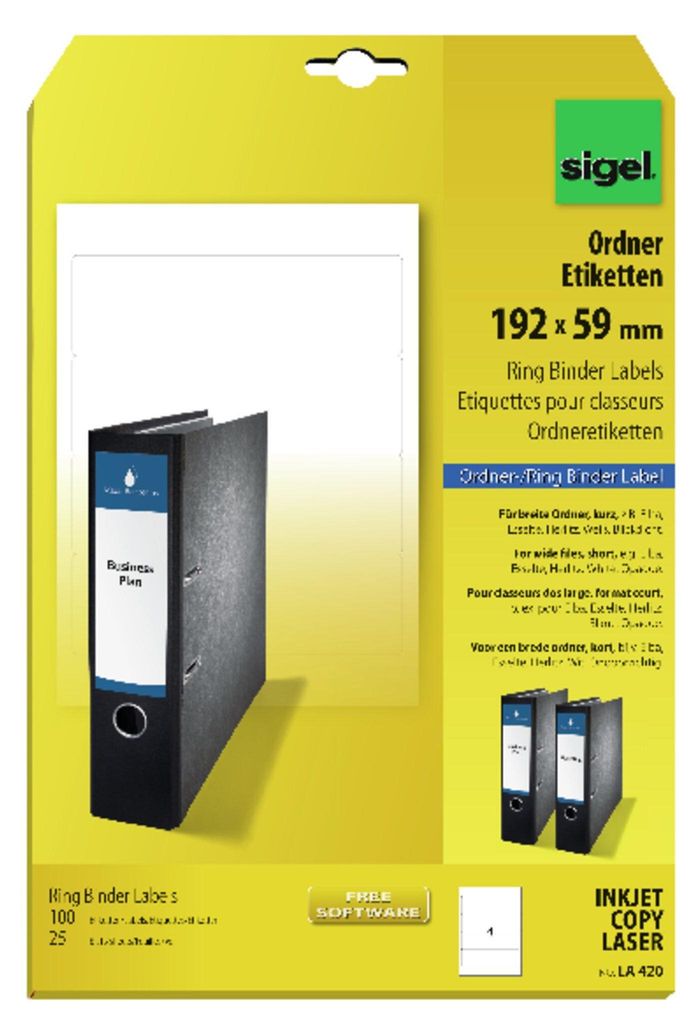 SIGEL LA420 Ordner-Etiketten, für breite Ordner, kurz, z.B. Elba, Esselte, Herlitz, 192 x 59 mm, weiß, blickdicht, 100 Etiketten