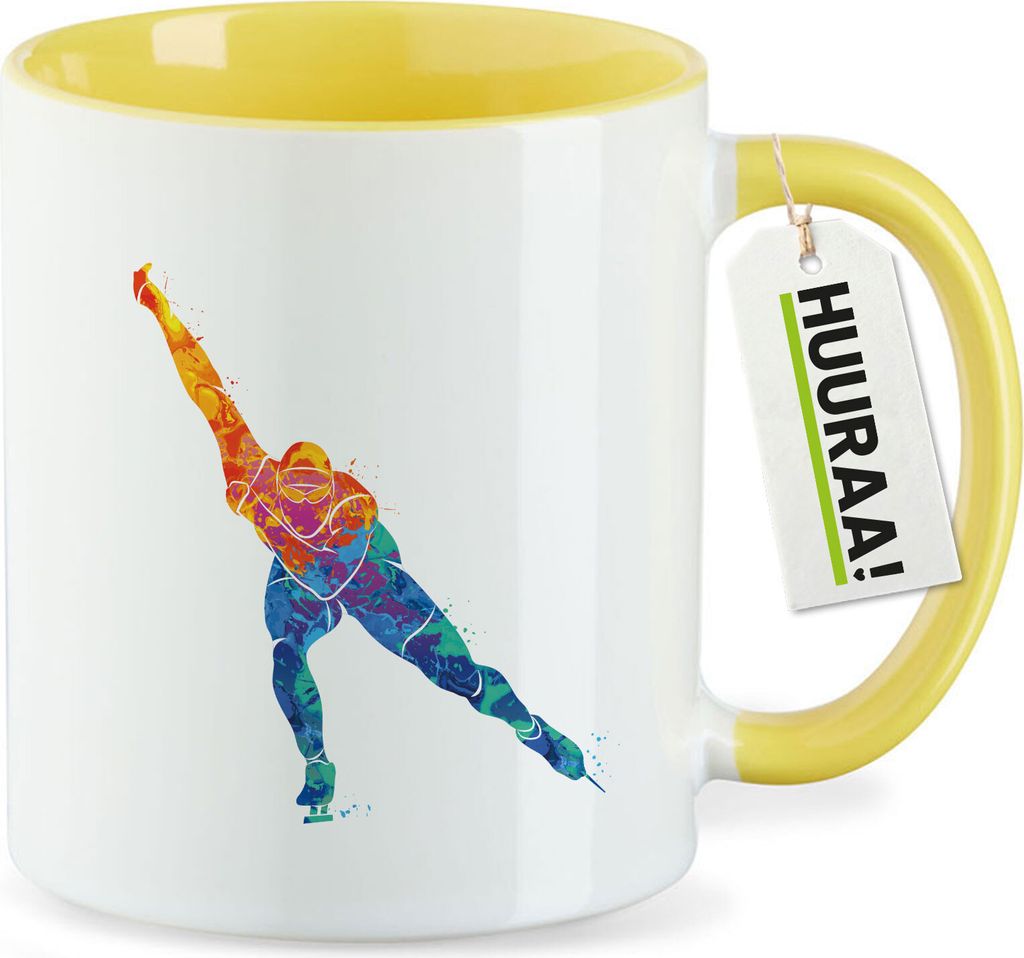 Huuraa Kaffeetasse Eisschnelllauf bunte Silhouette 330ml Gelb Keramik Kaffeebecher Geschenkidee