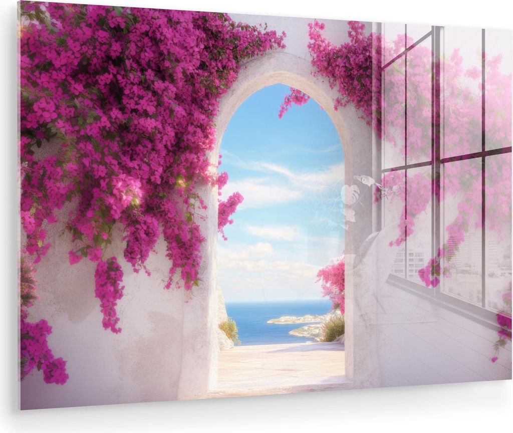 MuchoWow Glasbilder - Bilder auf Wandbild - Foto auf Glas Meer - Rosa - Blumen - Tor 120x80 cm Wanddekoration aus Glas - Acrylglasbild - Acrylbilde...