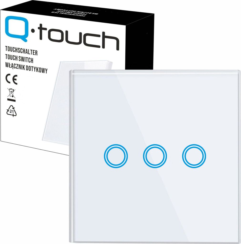 Glas Touch Lichtschalter Wandschalter 3-Fach Schalter LED weiß