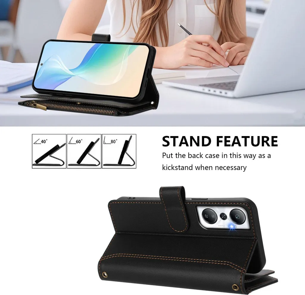 Custodia per Infinix Hot 20 4G, con cerniera, portafoglio in Finto cuoio con tasche per carte, supporto e passante per la mano nero - 2