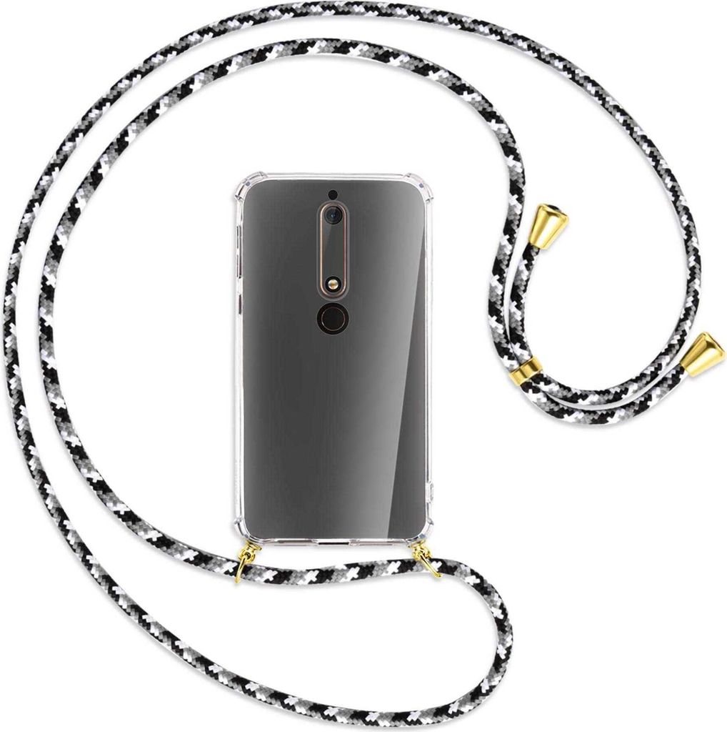 Handykette Backcover-Schutzhülle mit Band (Metall goldfarben) für Nokia 6.1 - schwarz/grau/weiß