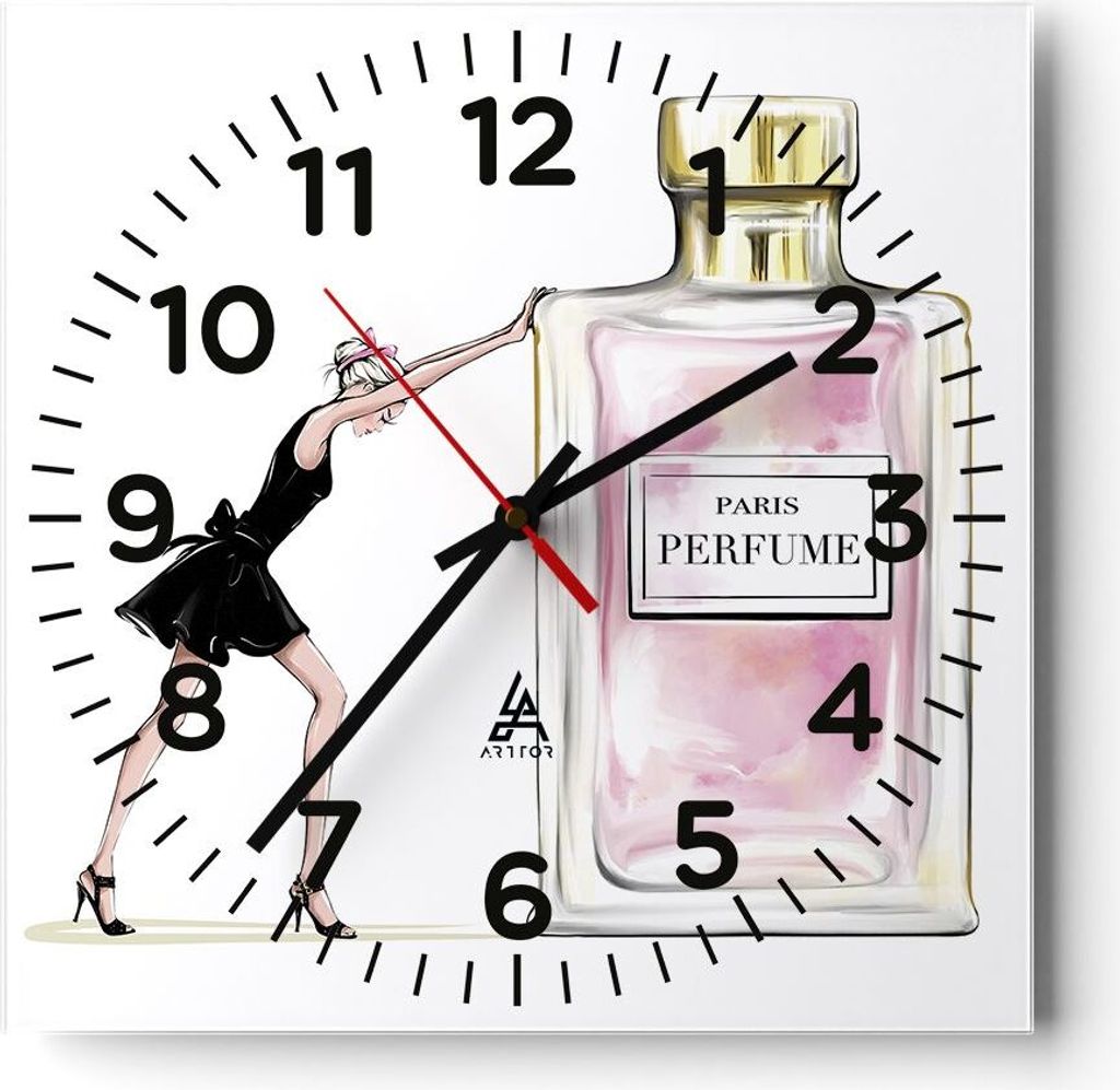 Wanduhr - Quadrat - Glasuhr - Mode Frau Parfüm - 30x30cm - Schleichendes Uhrwerk - Lautlos - zum Aufhängen bereit - Dekoration Modern - Wanddekor...