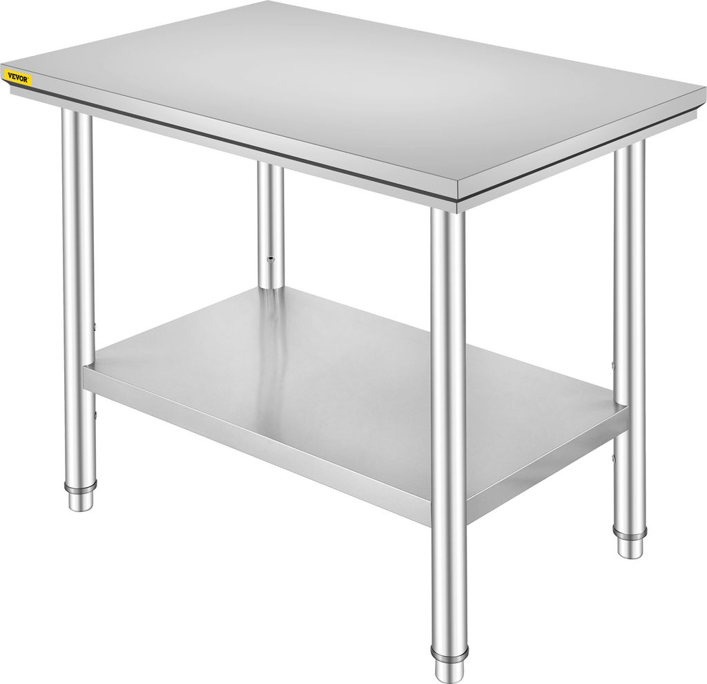 A stainless steel work table with a shelf underneath, shown in a studio setting.