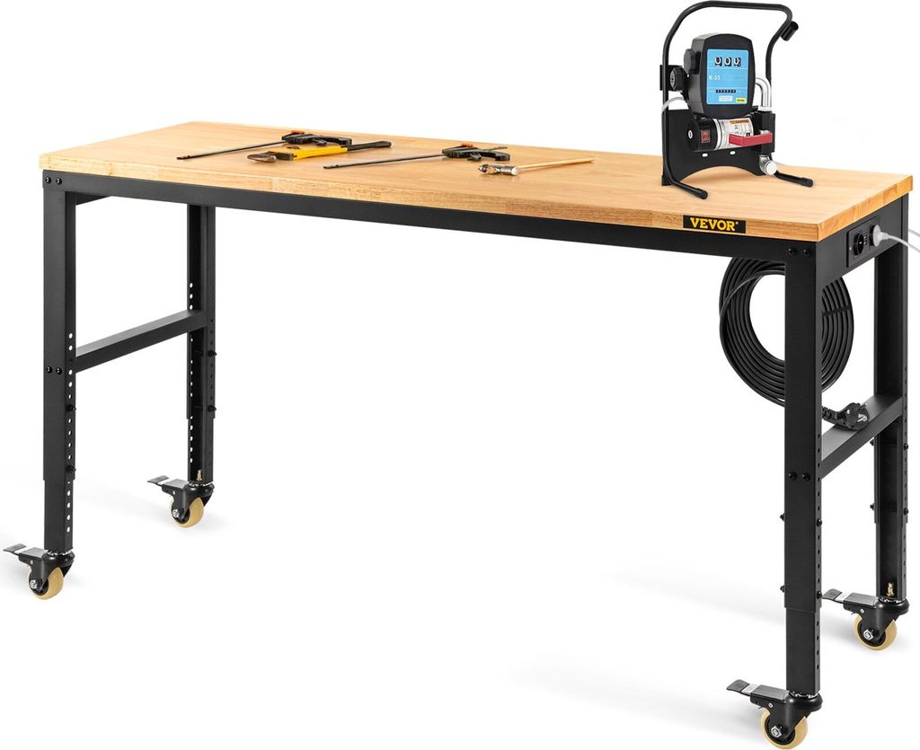 Werkbank, höhenverstellbar, 154,9 x 50,8 cm, Garagentisch mit 79,5 cm – 104,9 cm Höhe und 725,7 kg Kapazität, Steckdosen und Hartholzplatte un...