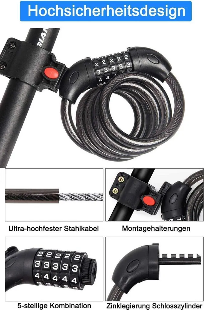 Câble antivol vélo robuste à code articulé 120cm noir universel - 3