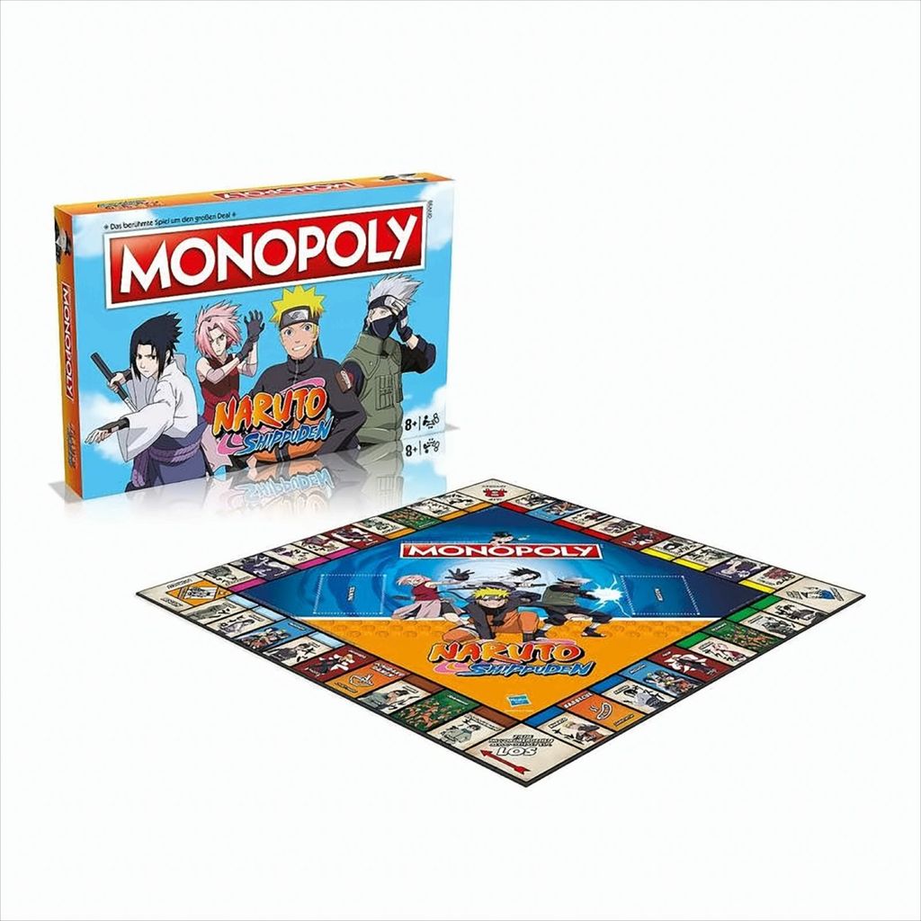 A Monopoly board game box and game board featuring characters from the anime series Naruto Shippuden, displayed on a white background.