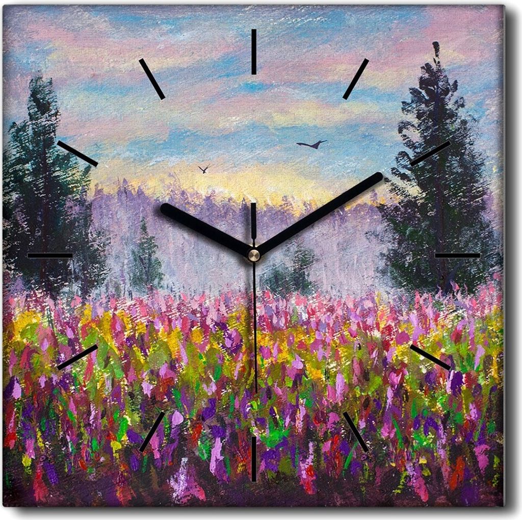 Coloray Uhr auf Leinwand 30x30 cm Wand Uhr Dekoration Wohnzimmer Segeltuch schwarze Hände -Landschaftsblumenwiese.