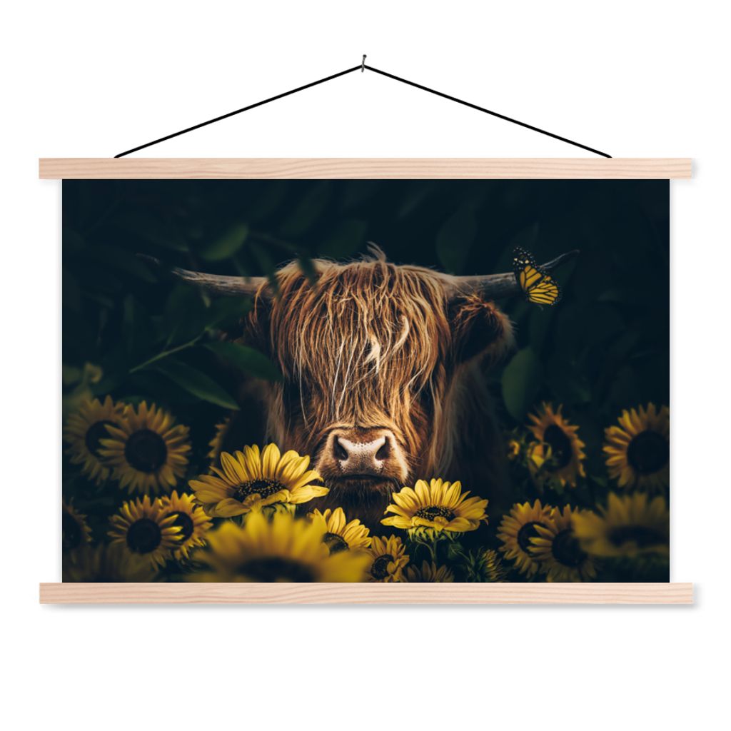 MuchoWow Textilposter Schottische Highlander - Blumen - Kuh - Botanisch - Tiere 120x80 cm mit holzfarbenen Rahmen - Aufhängeset
