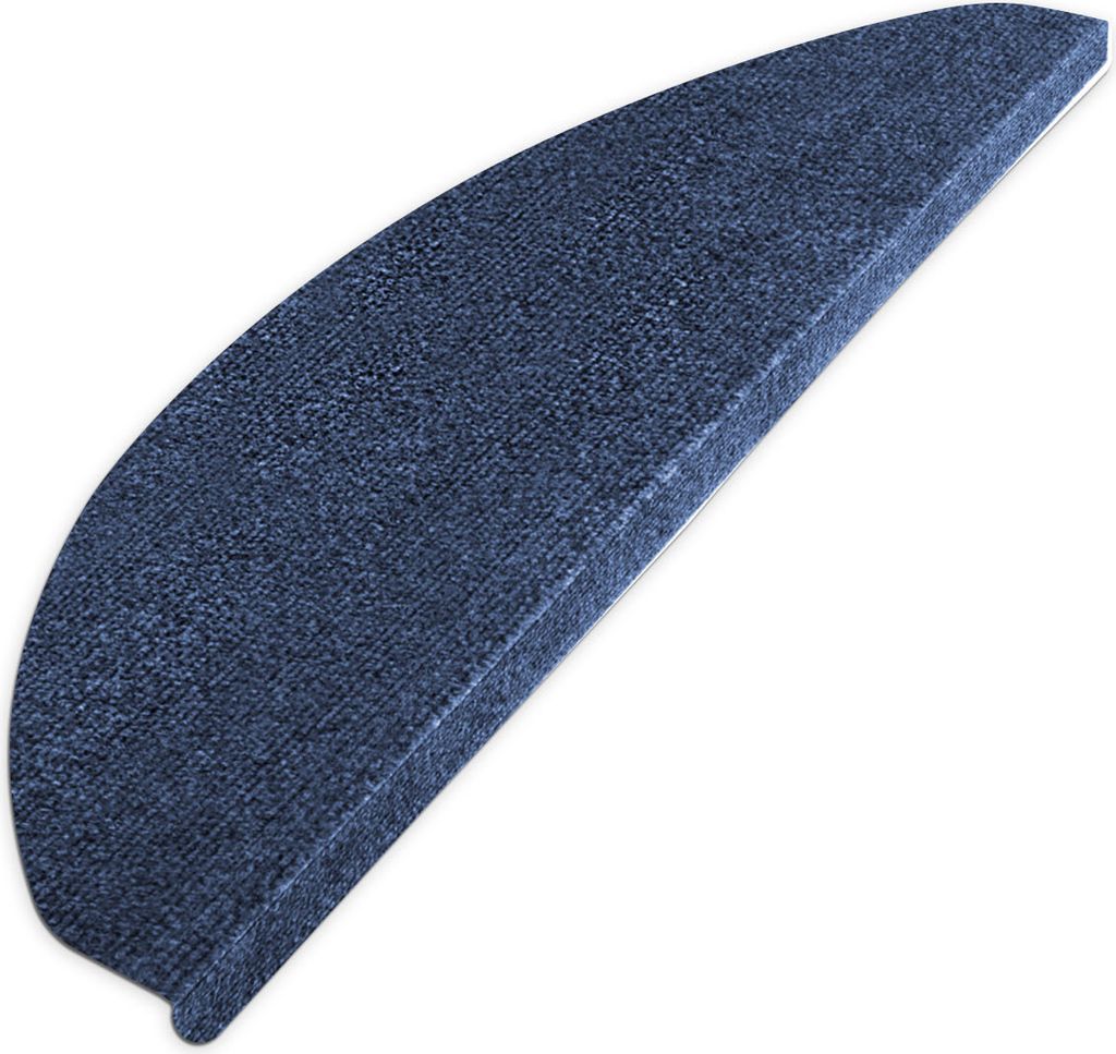 A single blue stair mat with a curved edge, shown from a diagonal angle against a white background.