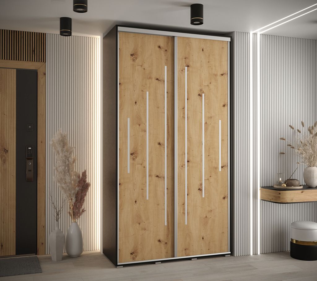 Kleiderschrank ASIRI 12 - 140/45 cm, Schwarz / Artisan-Eiche / Silber