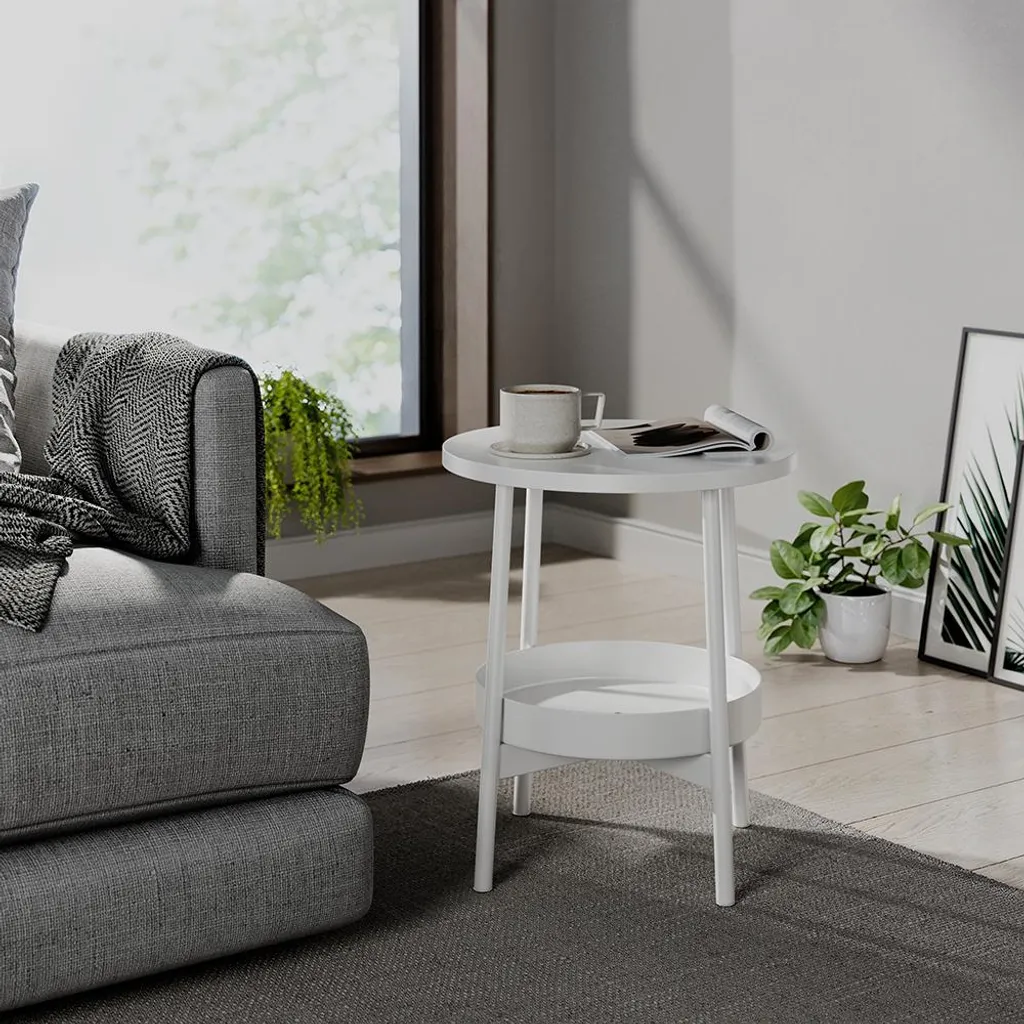 Petite table de salon carrée Vicco Riono blanche avec casier ouvert