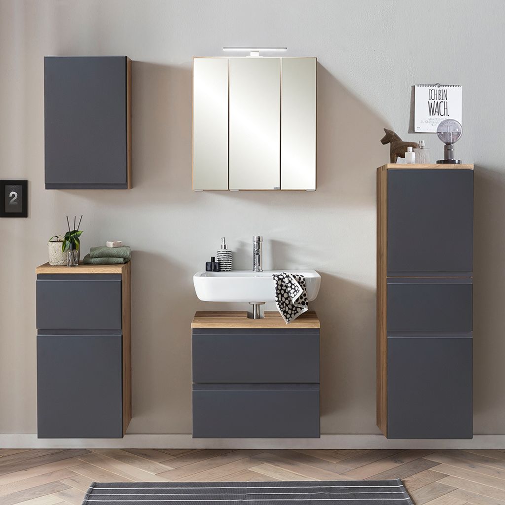 Badmöbel Set mit Midischrank, stehend oder hängend, in Wotan Eiche Nb. mit matt grau, VASTO-03-GREY, B/H/T ca. 170/200/35 cm