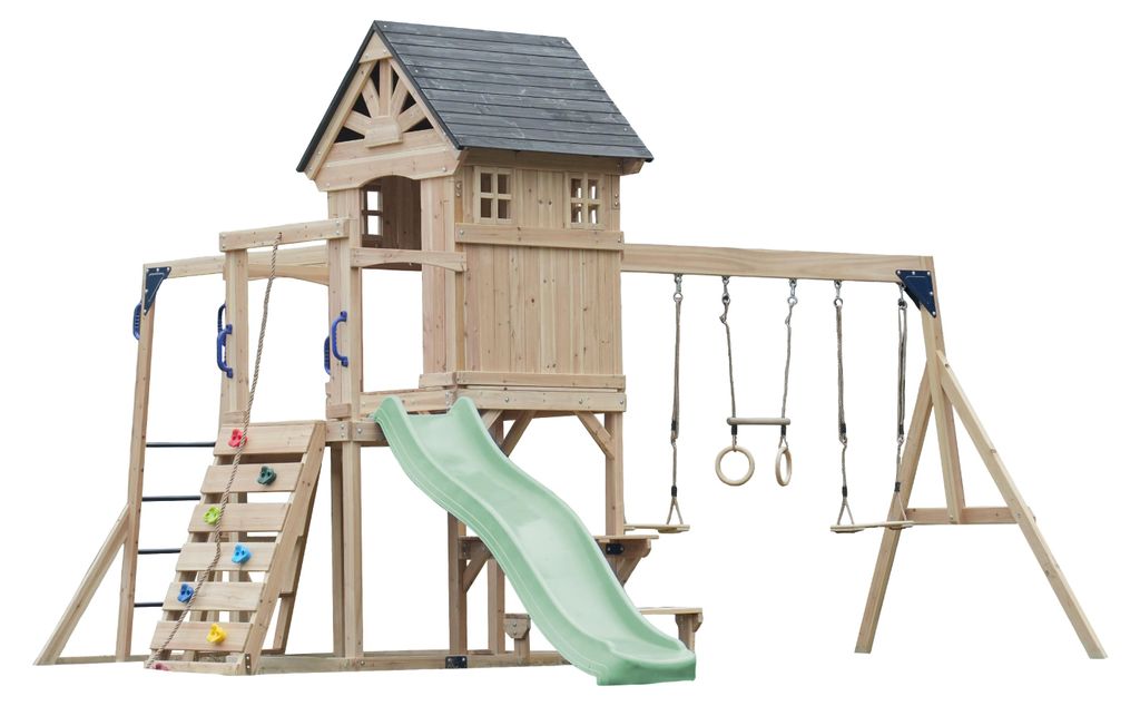 AXI Duncan Spielturm aus Holz mit 2 Schaukeln & Rutsche in Pastellgrün | XXL Spielhaus / Spielplatz für Kinder mit Klettergerüst, Kletterstangen...