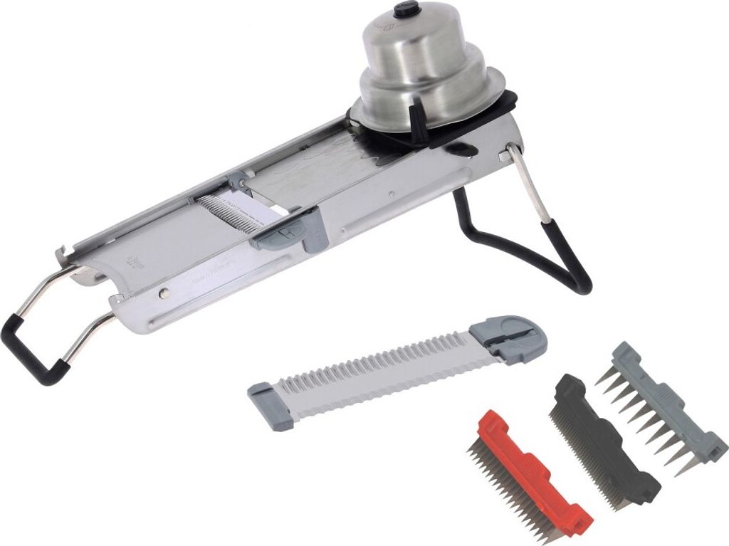 A stainless steel mandoline slicer with several interchangeable blades is displayed on a white background.