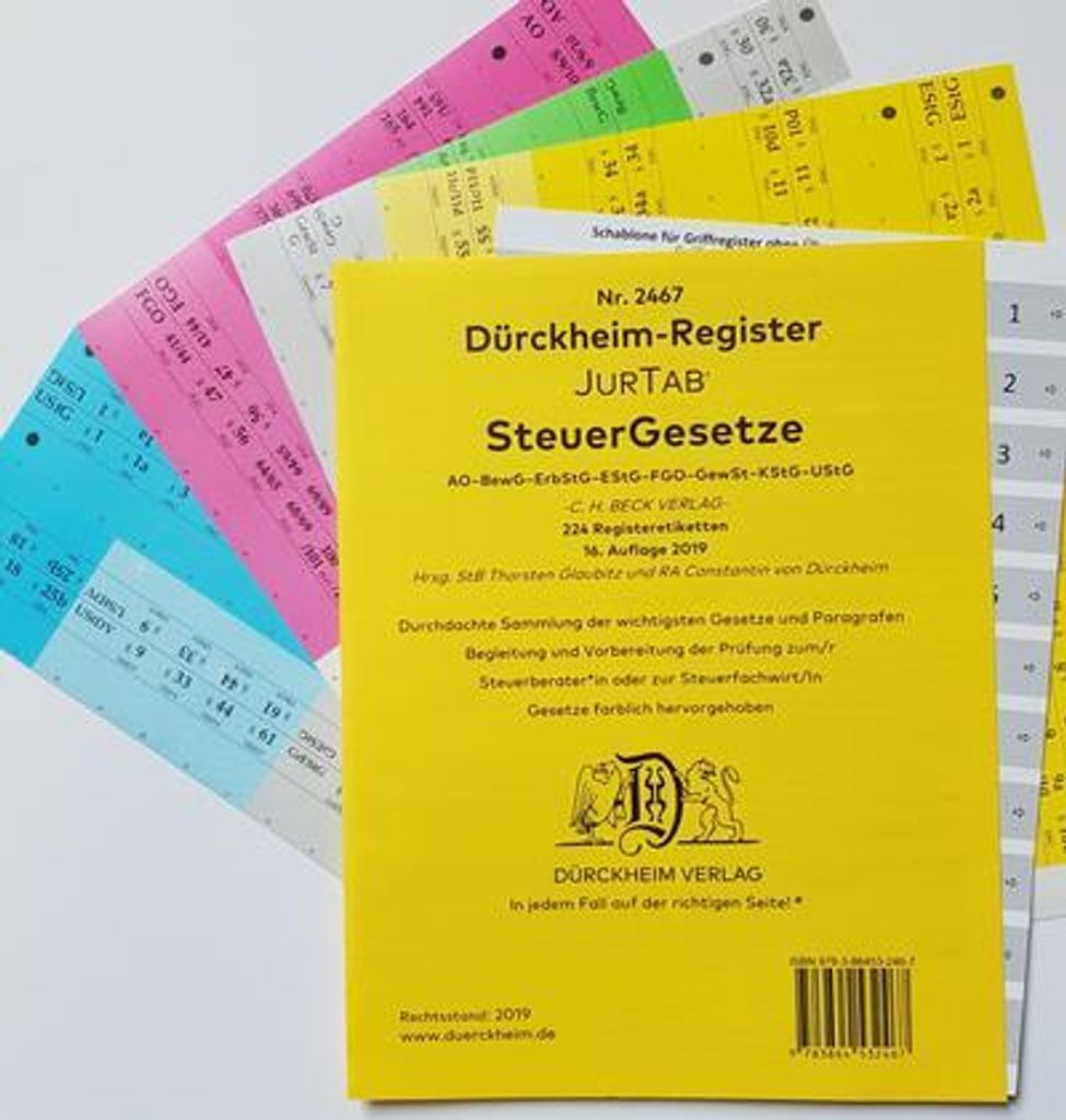DürckheimRegister STEUERGESETZE (2020) Gesetze und §§: 224 Registeretiketten (sog. Griffregister) STEUERGESETZE nur §§ und Zahlen ohne Stichwo...