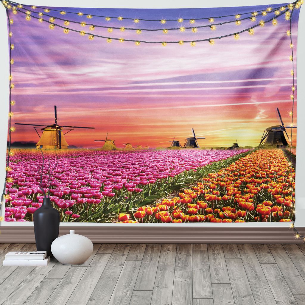 ABAKUHAUS Natur Wandteppich, Scenic Tulip Felder, Wohnzimmer Schlafzimmer Wandtuch Seidiges Satin Wandteppich, 150 x 100 cm, Orange Rosa Lila
