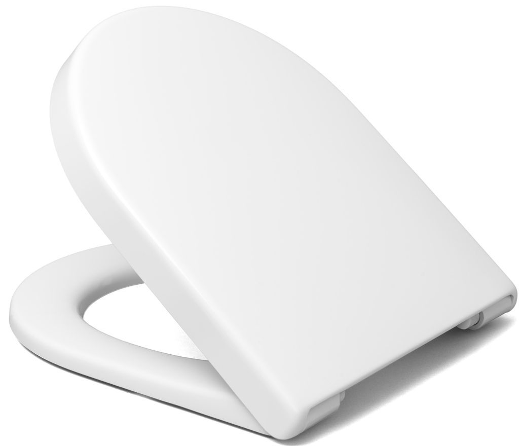 A white toilet seat and lid are shown from a slightly elevated side angle against a white background.