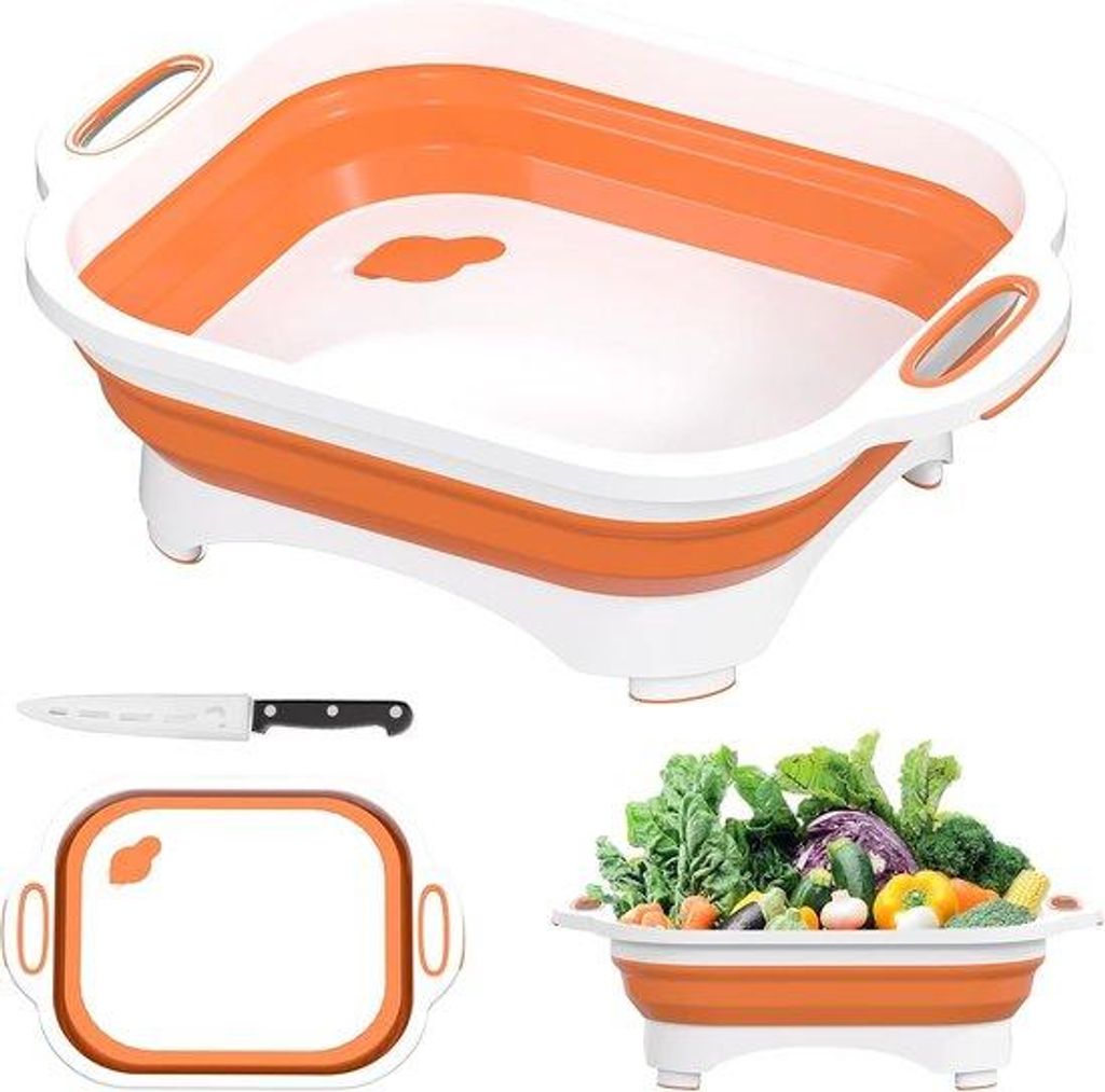 Multifunktionale, oranje, opvouwbare snijplank, 3-in-1, für das Schneiden, Waschen und Lagern von Obst und Gemüse, für Küche, Außenbereich
