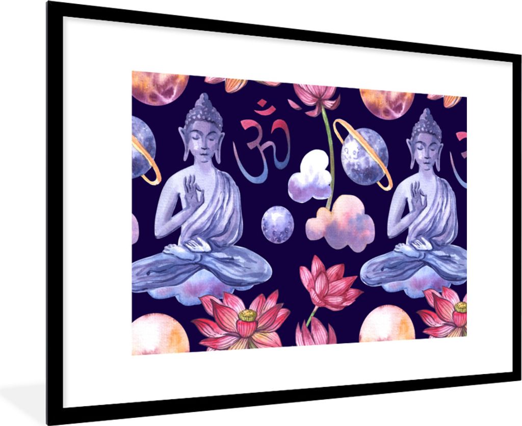 MuchoWow MuchoWow Gerahmtes Poster Buddha - Planeten - Muster 90x60 cm - Poster mit zchwarzem Bilderrahmen - Wanddekoration - Fotos