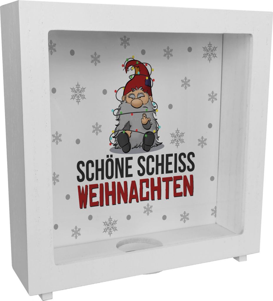 Grimmiger Wichtel Rahmen Spardose aus Holz mit Spruch Schöne scheiß Weihnachten