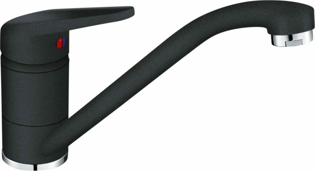 A black kitchen faucet with a silver base and spout tip, shown against a white background.