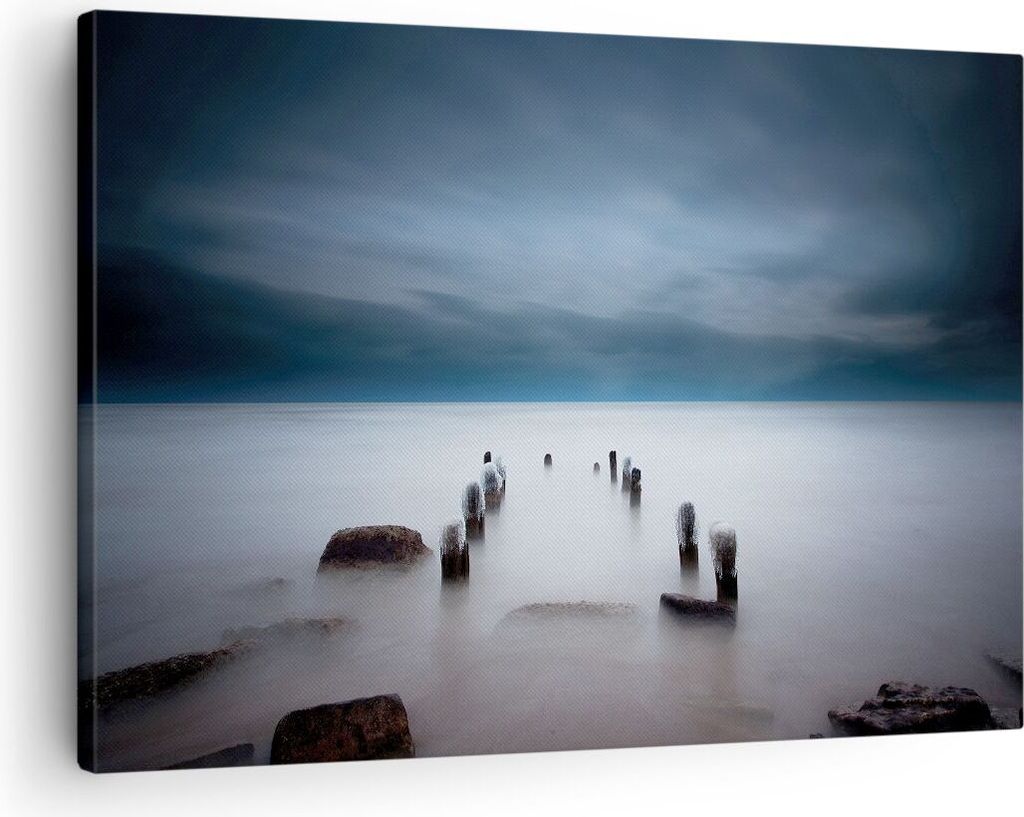 Bild auf Leinwand - Leinwandbild - Einteilig - Wellenbrecher Nebel Nacht - 70x50cm - Wand Bild - Wanddeko - Wandbilder - Leinwanddruck - Bilder - W...