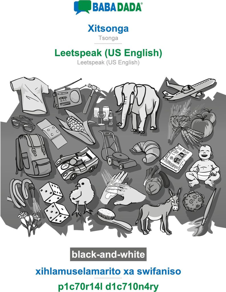 BABADADA black-and-white, Xitsonga - Leetspeak (US English), xihlamuselamarito xa swifaniso - p1c70r14l d1c710n4ry