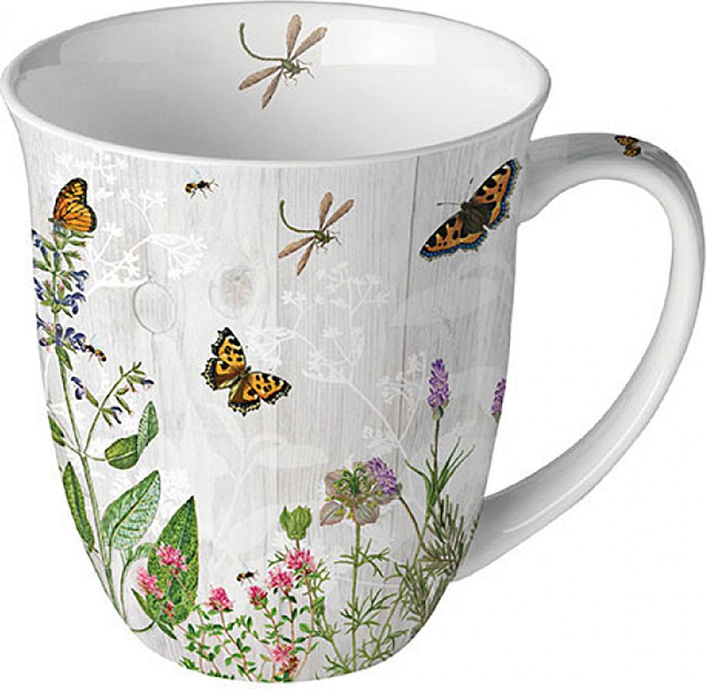 Ambiente Porzellan, Teetasse, Kaffeetasse Becher Mug 0,4l Kräuter Garten, Schmetterlinge , Ø 10cm Höhe 10,5 cm