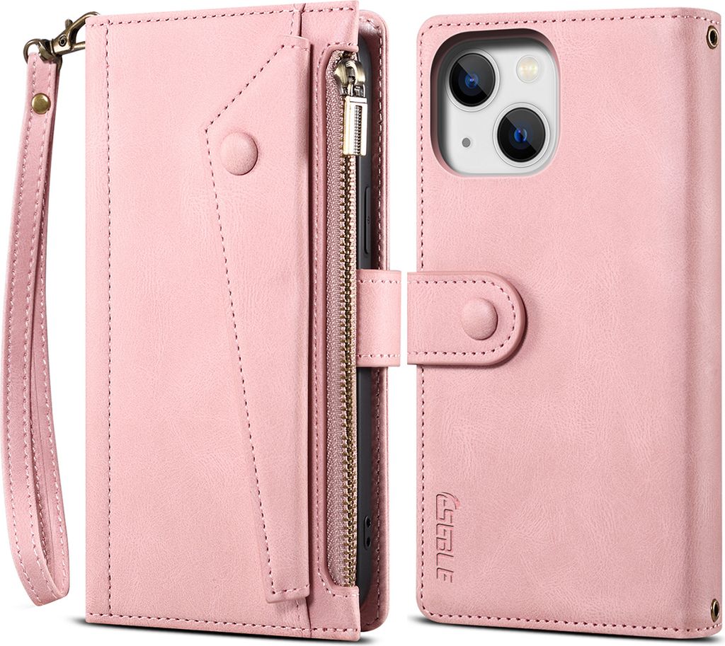 Schutzhülle für iPhone 15 Reißverschluss Hülle, Leder Klapphülle Kartenfach Standfunktion Brieftasche mit Trageband Rosa