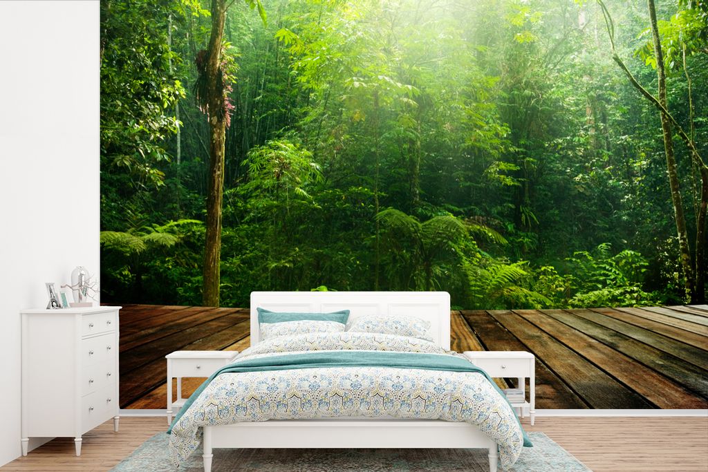 MuchoWow Fototapete für Wohnzimmer oder Schlafzimmer Wandtapete Vinyl Motivtapete Boden - Holz - Dschungel - Jungen - Mädchen - Kinder - Kind -...