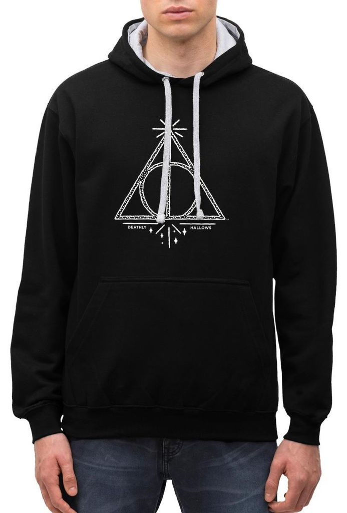 Spreadshirt Harry Potter Heiligtümer des Todes Symbol Uni Kontrast Hoodie, S, Schwarz/Grau meliert