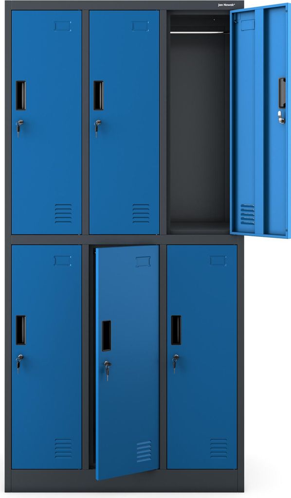 A metal locker unit with six compartments, some of which are open.