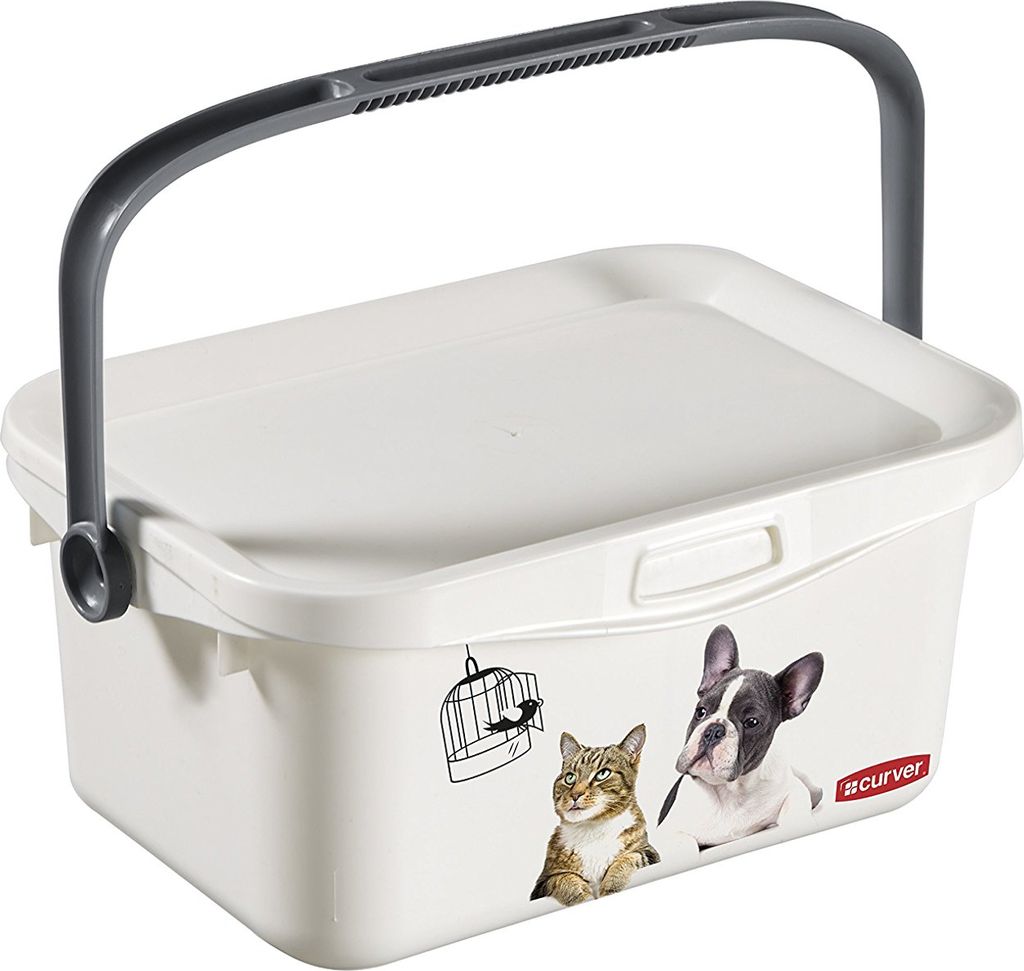 A white plastic storage box with a gray handle, decorated with cartoon images of a cat and a dog.