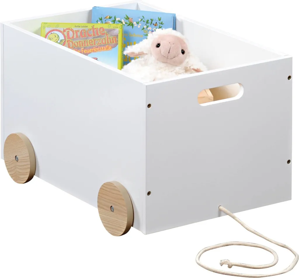 Chariot à jouets en bois blanc avec roulettes silencieuses Kesper 17714