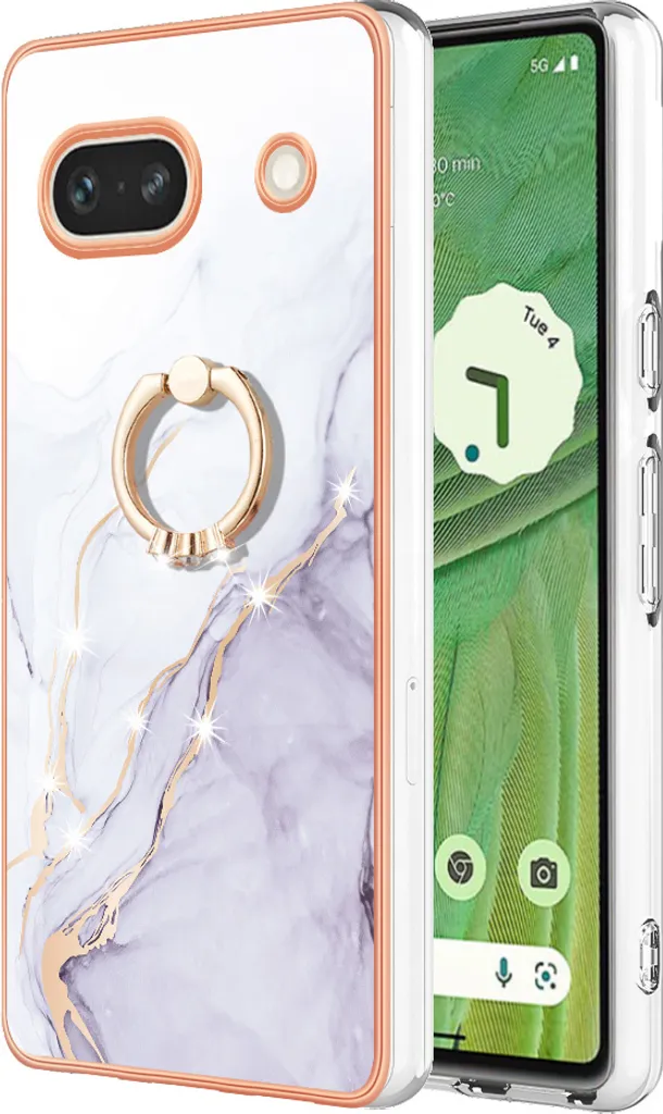 Custodia Marble Google Pixel 7A con Anello Oro - Cover TPU Elegante