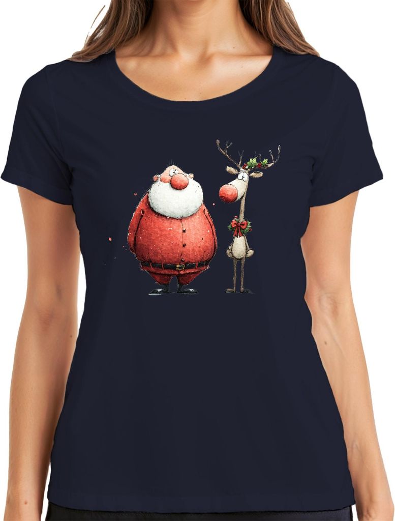 Lustiger Weihnachtsmann Rentier Aquarell Geschenk Retro Damen T-Shirt, Navy, L