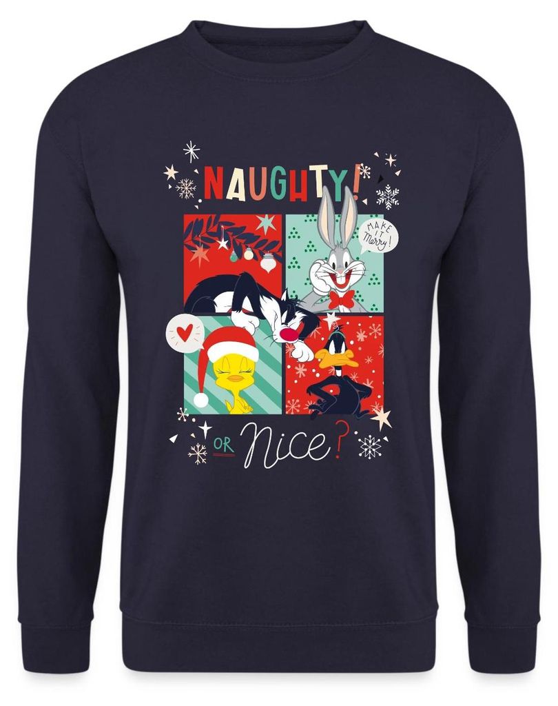 Spreadshirt Looney Tunes Böse Oder Lieb Weihnachten Bugs Bunny Uni Pullover, XL, Navy