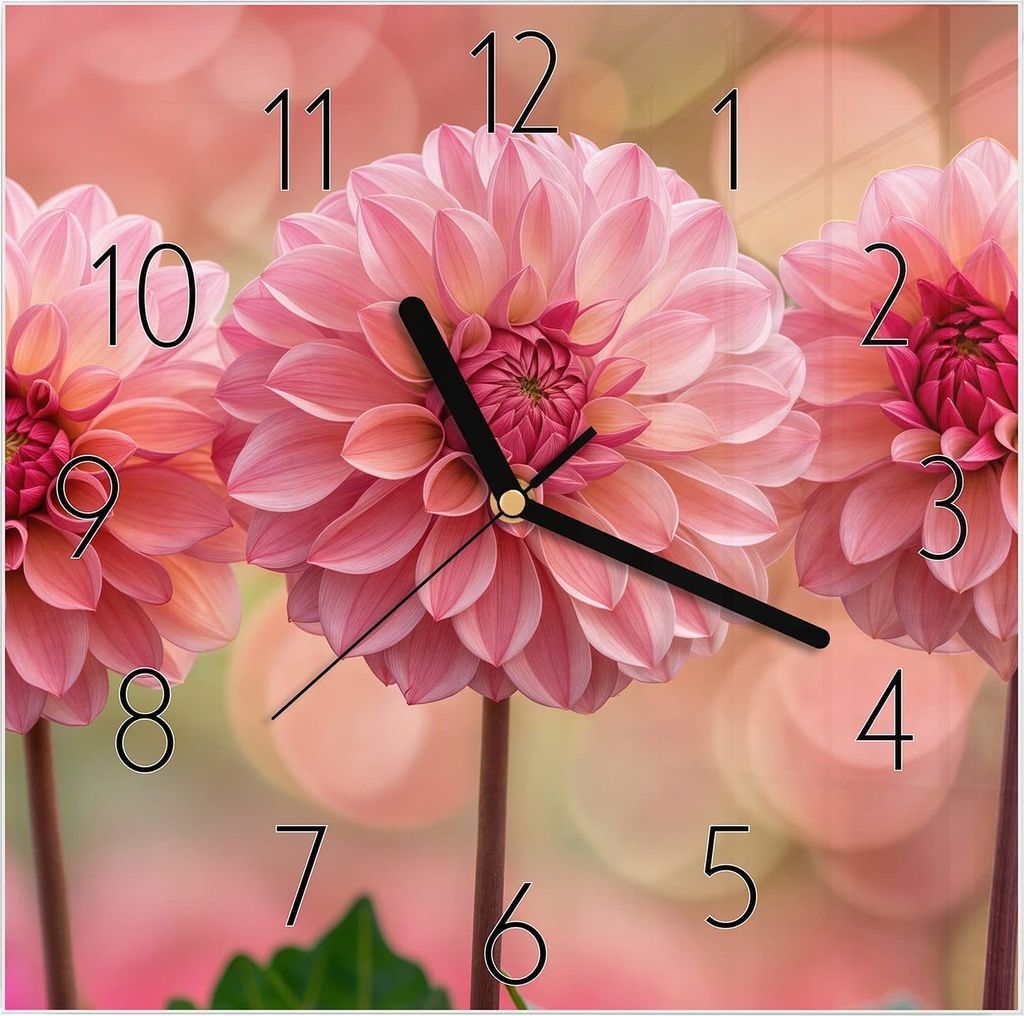 Wanduhr aus Glas mit Motiv Drei Blumenblüten- 30 x 30 cm - inkl. Aufhängesystem