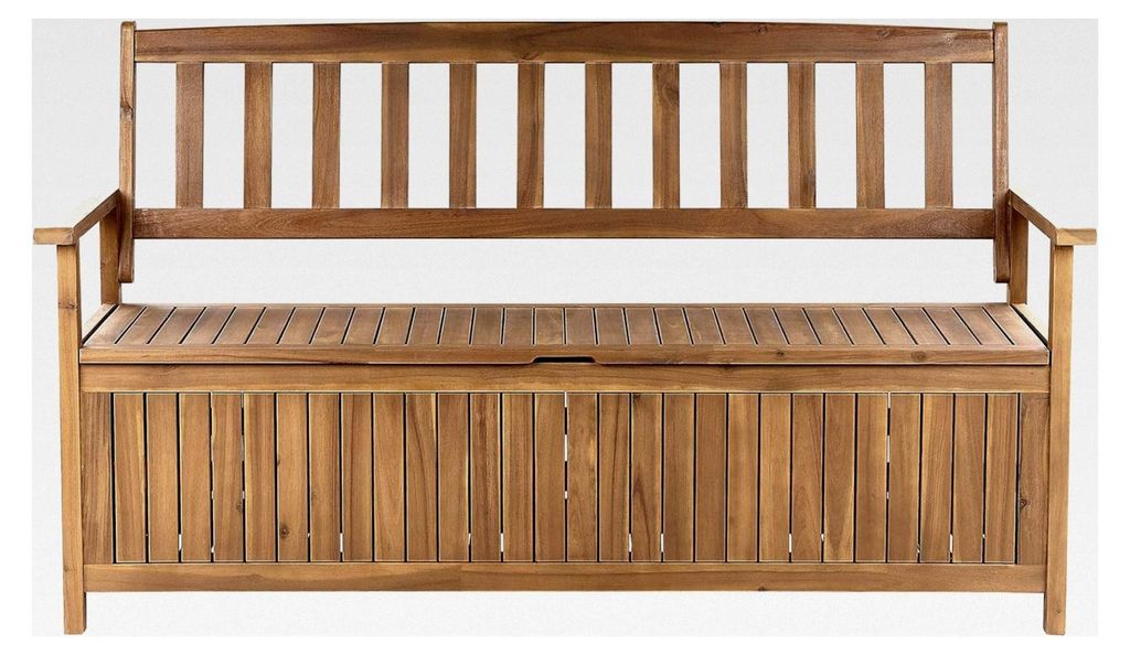 Gartenbank aus hellbraunem Akazienholz mit Stauraum 160 cm