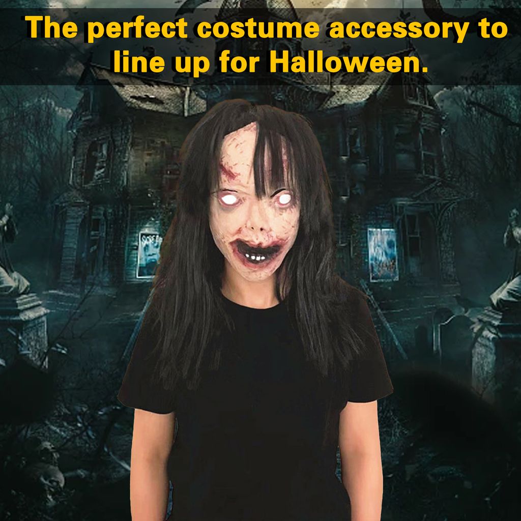 Halloween Zombie Kopfbedeckung gruseliges schwarzes Haar weiße Augen realistische wiederverwendbare Spukhaus Kostüm Party Cosplay Latex Kopf Cove...