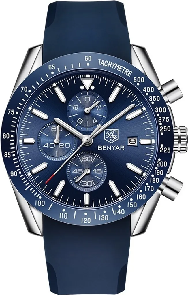 Montre BENYAR Ogen Acier Inoxydable Argenté et Cadran Bleu Chronographe