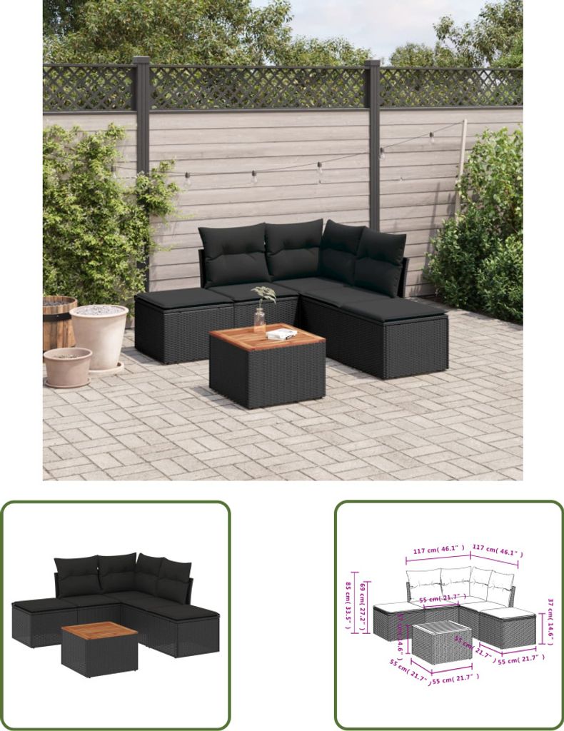 The Living Store 6-tlg. Garten-Sofagarnitur mit Kissen Schwarz Poly Rattan
