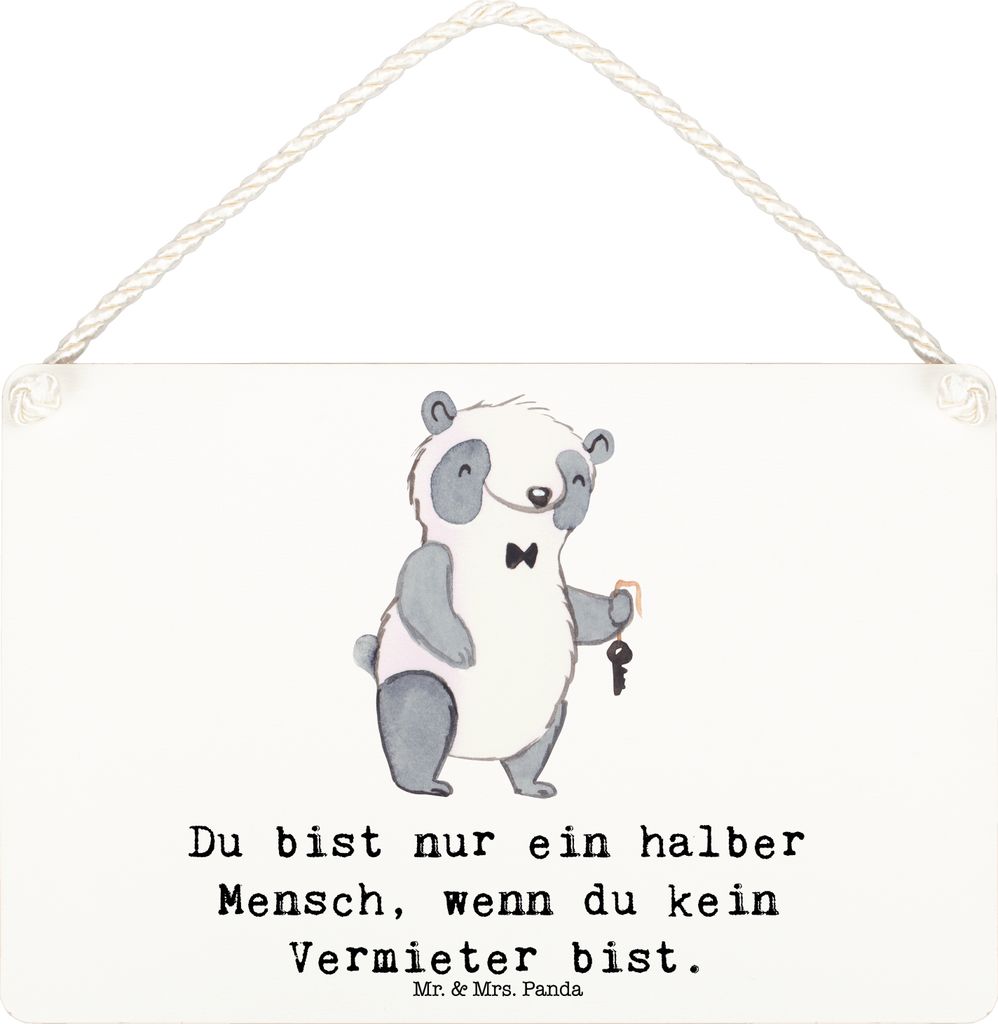 Mr. & Mrs. Panda Schild Vermieter Herz DIN A6 - Weiß - Geschenk, Deko Wandbild, Türschild, Holz, holzbild, wandtafel