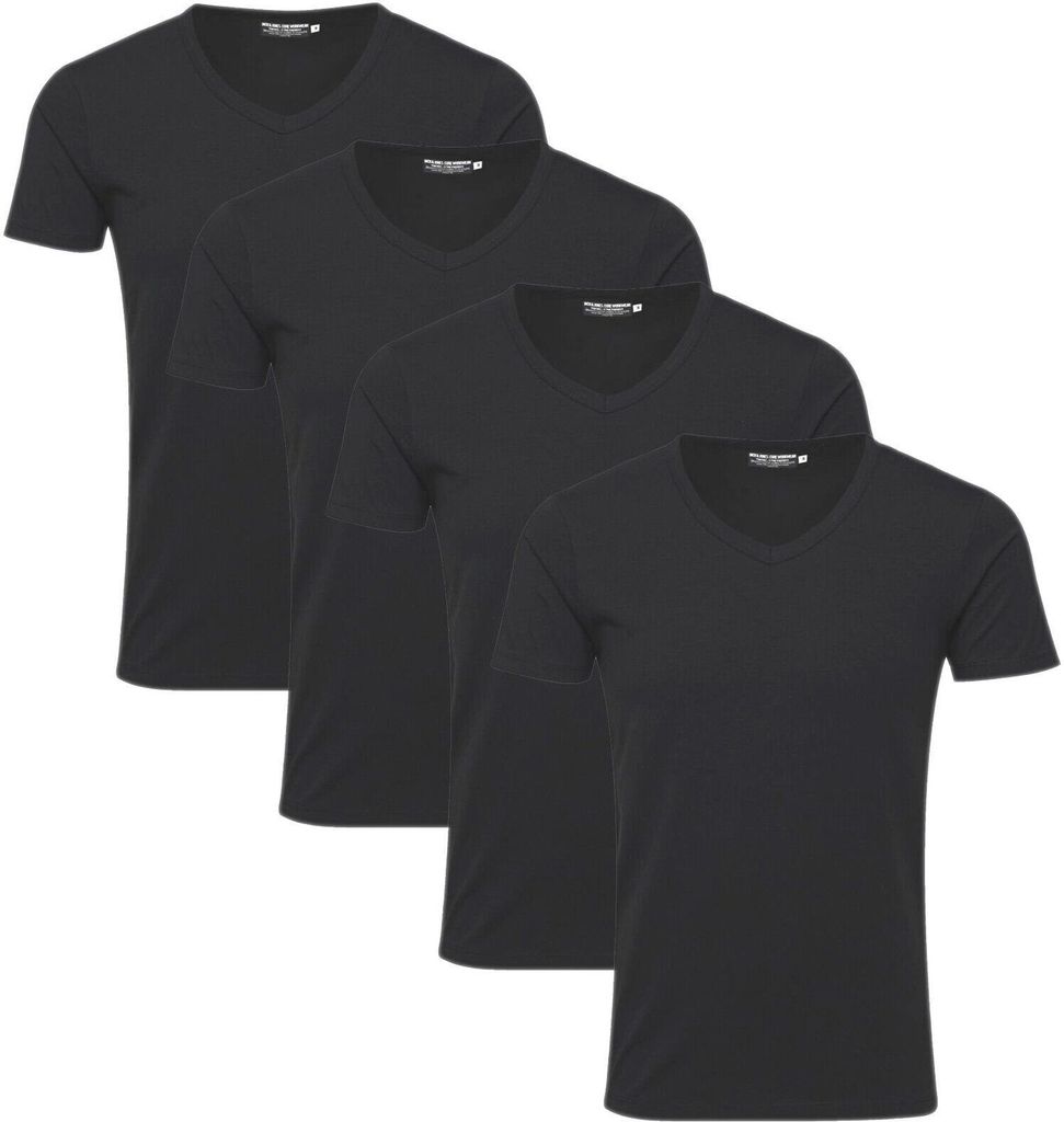 Jack & Jones 4er-Pack Basic T-Shirts Herren Slim-Fit Shirt Stretch V-Neck Ausschnitt, 4er-TS-V-Neck-Black-L
