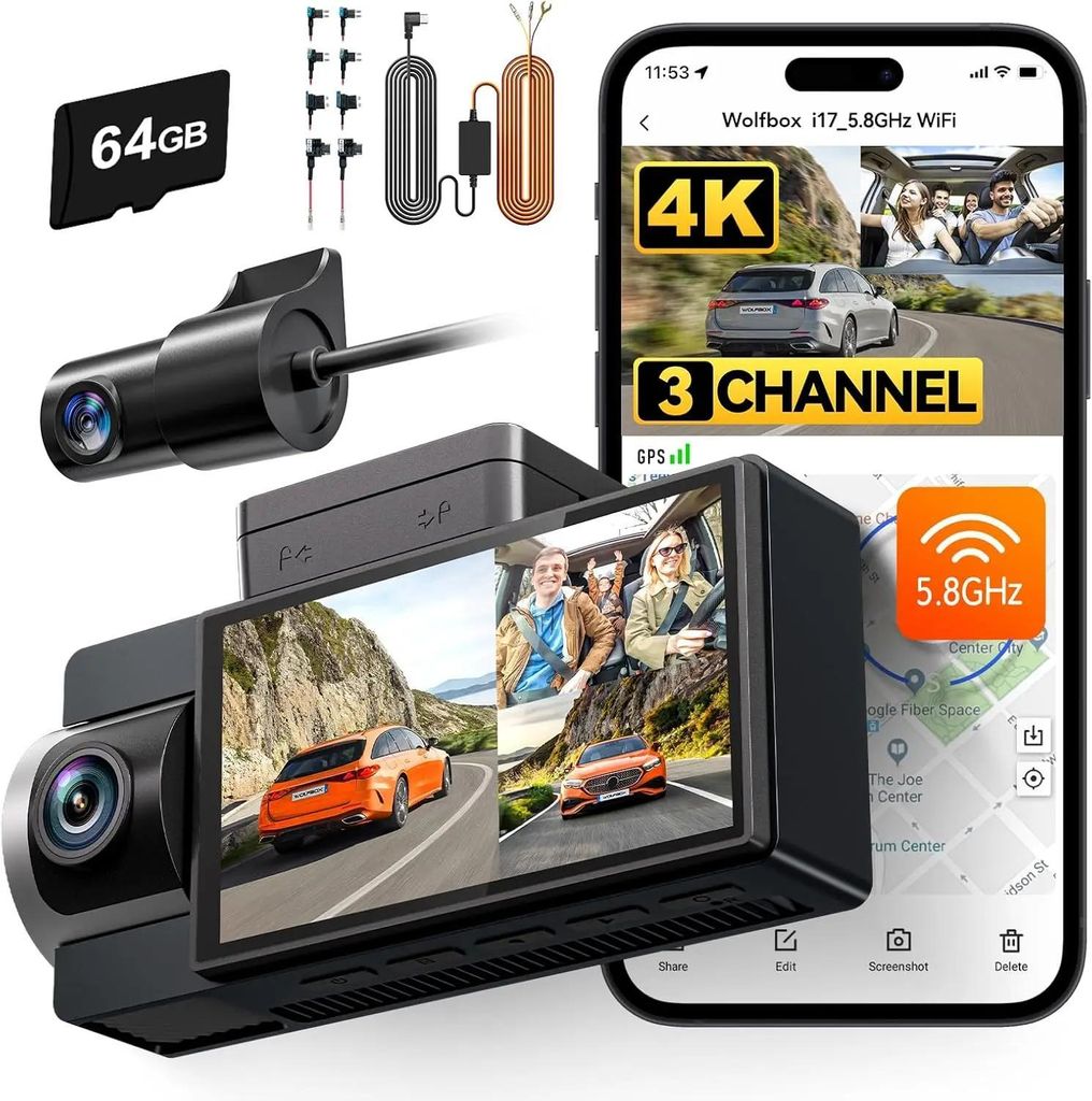 i17 Dashcam - 3-Kanal Autokamera - 4K 3840×2160 - Sony IMX335 - GPS - Superkondensator - Mit Hardwire-Kit für Parkmodus - Weiß
