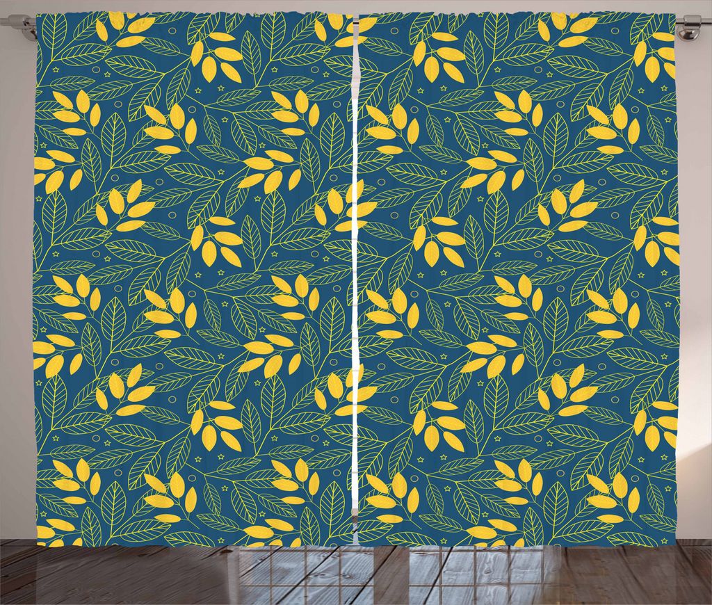 ABAKUHAUS Gelb und Blau Rustikaler Gardine, Herbstblätter, Schlafzimmer Kräuselband Vorhang mit Schlaufen und Haken, 280 x 225 cm, Dunkelblau und...