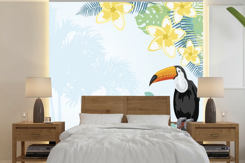 MuchoWow Fototapete für Wohnzimmer oder Schlafzimmer Wandtapete Vinyl Motivtapete Eine Illustration von tropischen Pflanzen mit einem Tukan - 30...